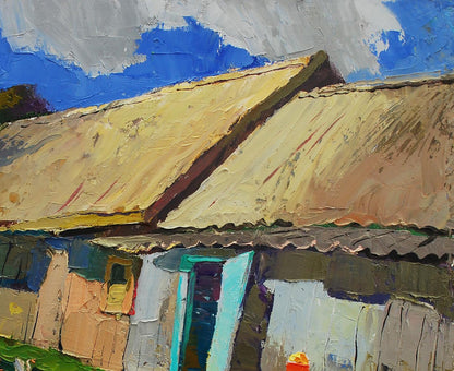 Oil painting of Egor Shvachunovs cottage in yard with rustic yellow roof