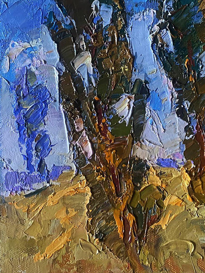 Oil painting On the Road by Oksana Ivanyuk with blue white brown gold strokes