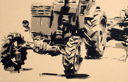 Black and white ink illustration of vintage tractor by Dima Filatov