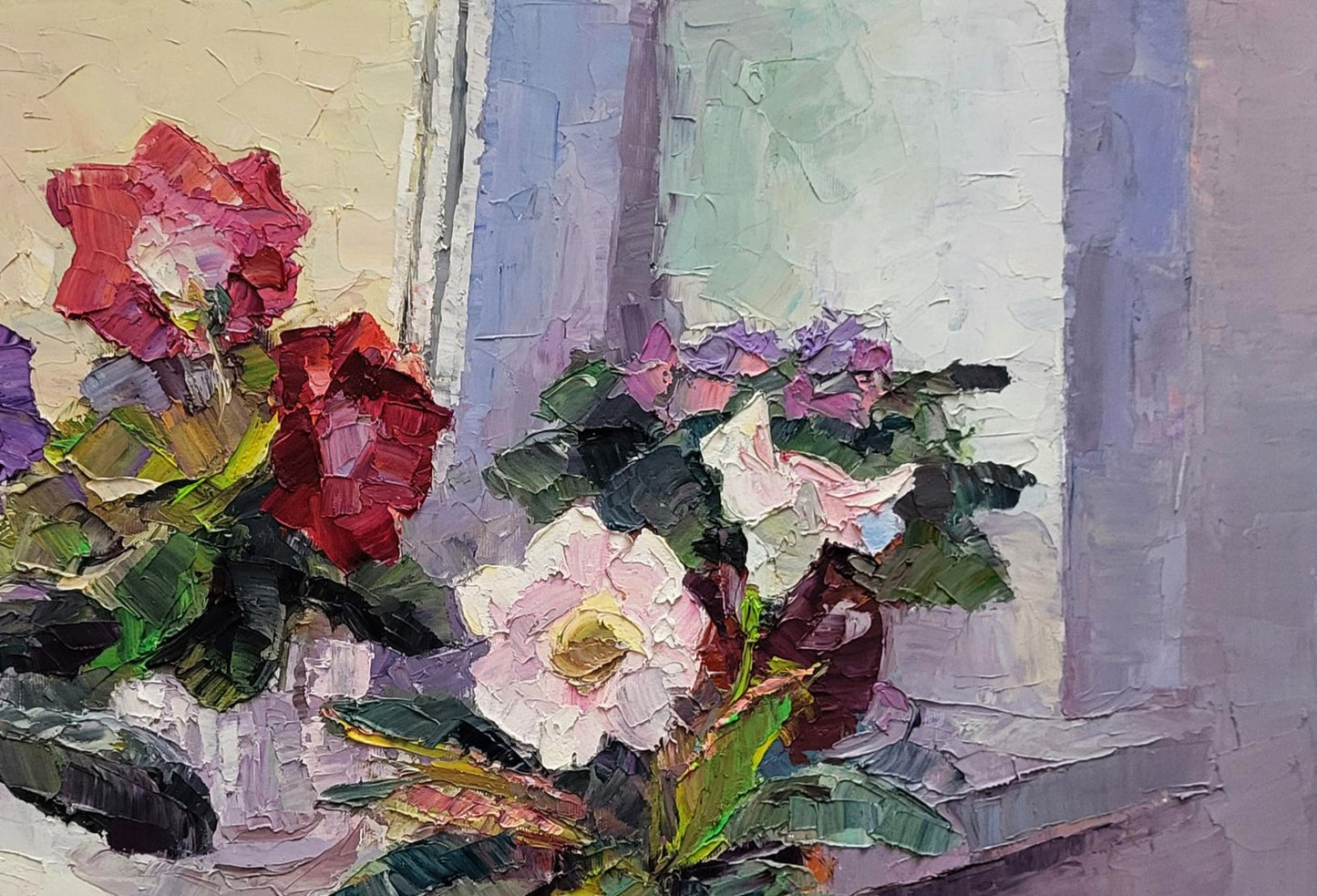 Oil painting of gloxinia in vase by Boris Serdyuk, vibrant impasto roses
