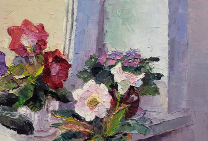 Oil painting of gloxinia in vase by Boris Serdyuk, vibrant impasto roses