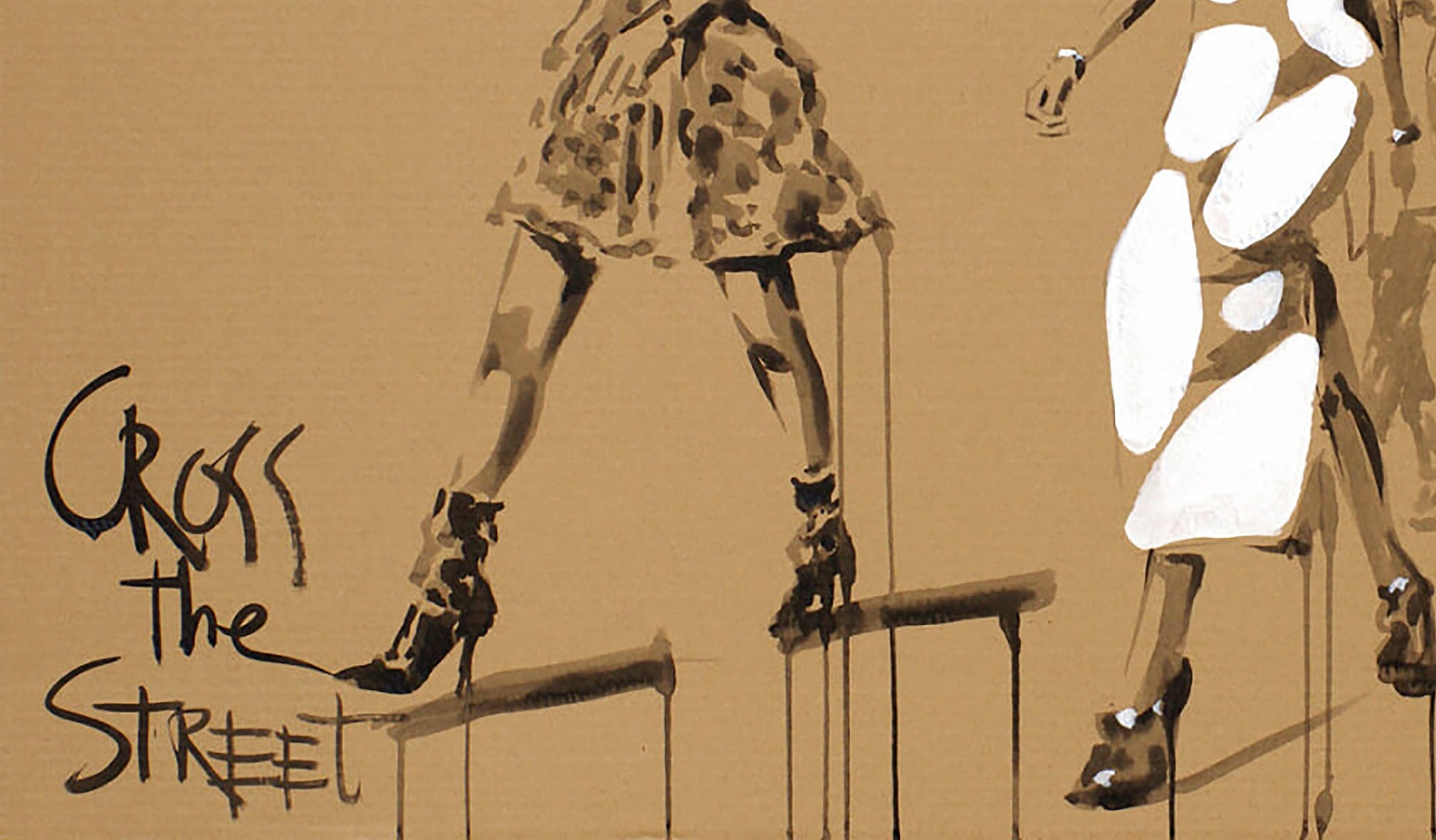 Stylized acrylic painting Cross The Street Dima Filatov: womans legs in black high heels