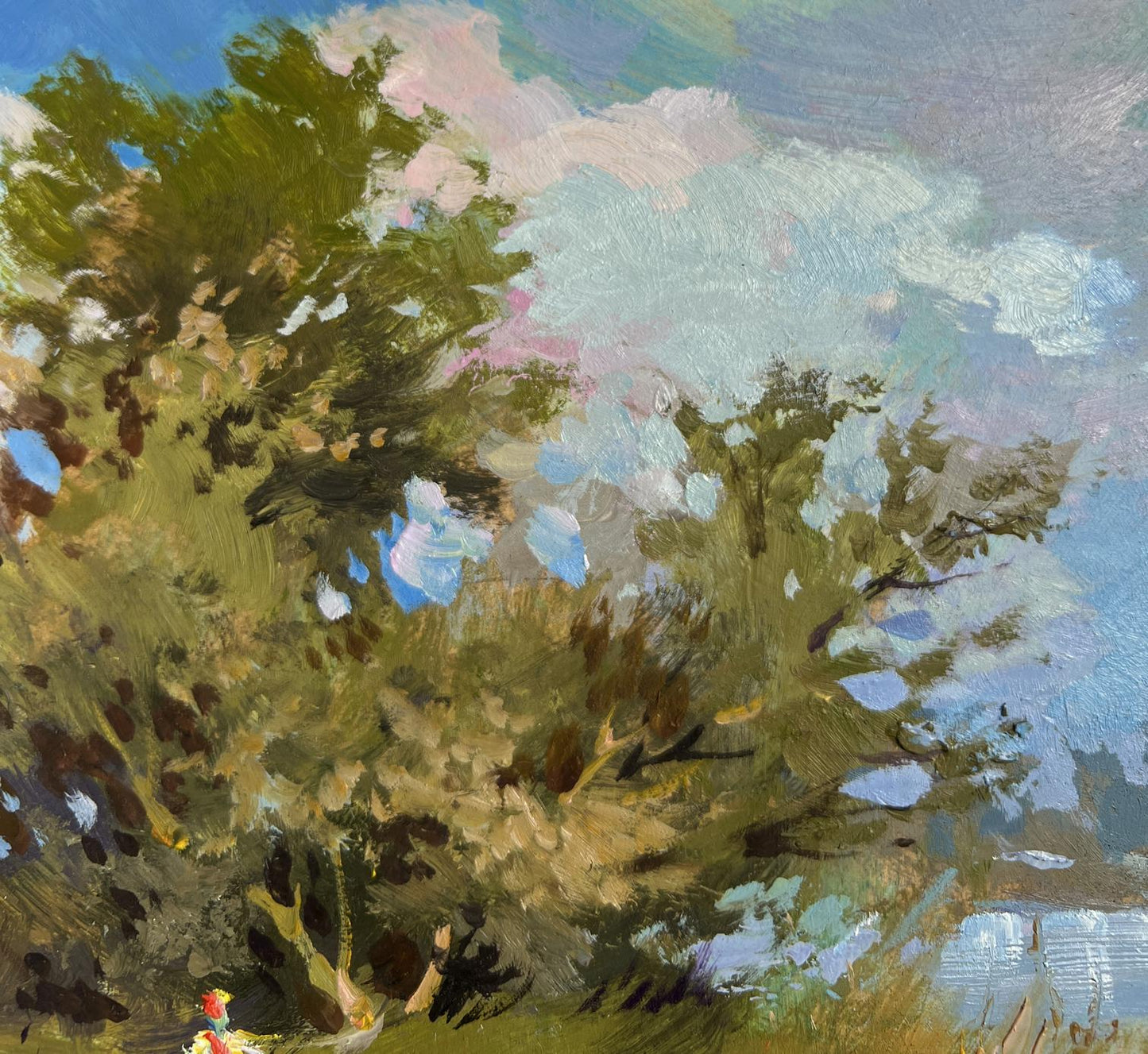 Lush impressionistic oil painting of tree by Yuriy Suprunchuk, Summer journey along the river