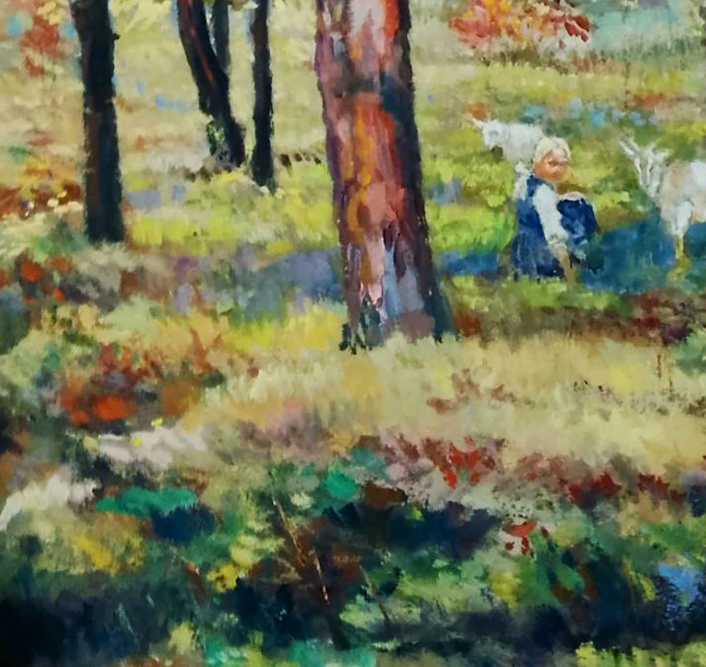 Oil painting by Vitaly Duhnevich: woman in blue dress amid autumn trees
