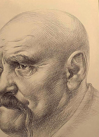 Detailed pencil sketch portrait of mustached bald man by Natalia Bulat