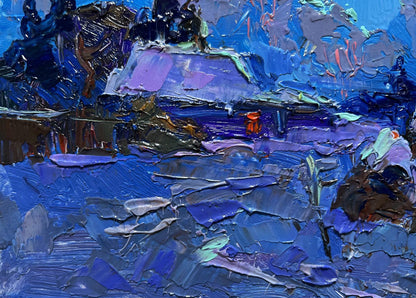 Moonlit winter night oil painting by Oksana Ivanyuk, textured blue tones