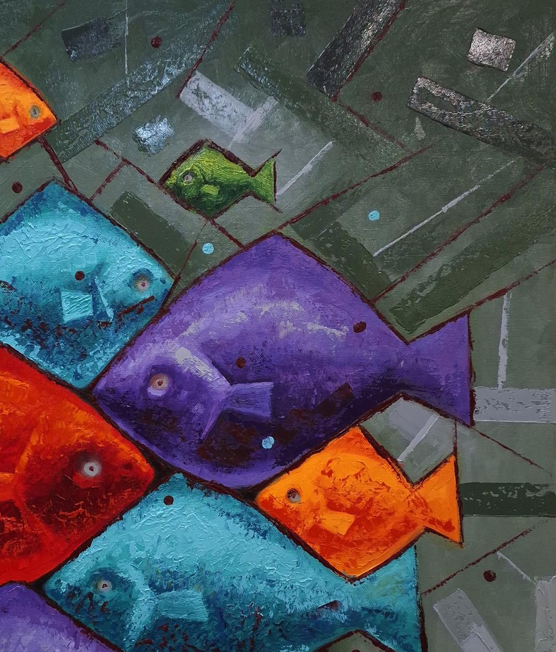 Vibrant abstract oil painting Eleven Brightly Colored Fish by Sergiy Voichenko