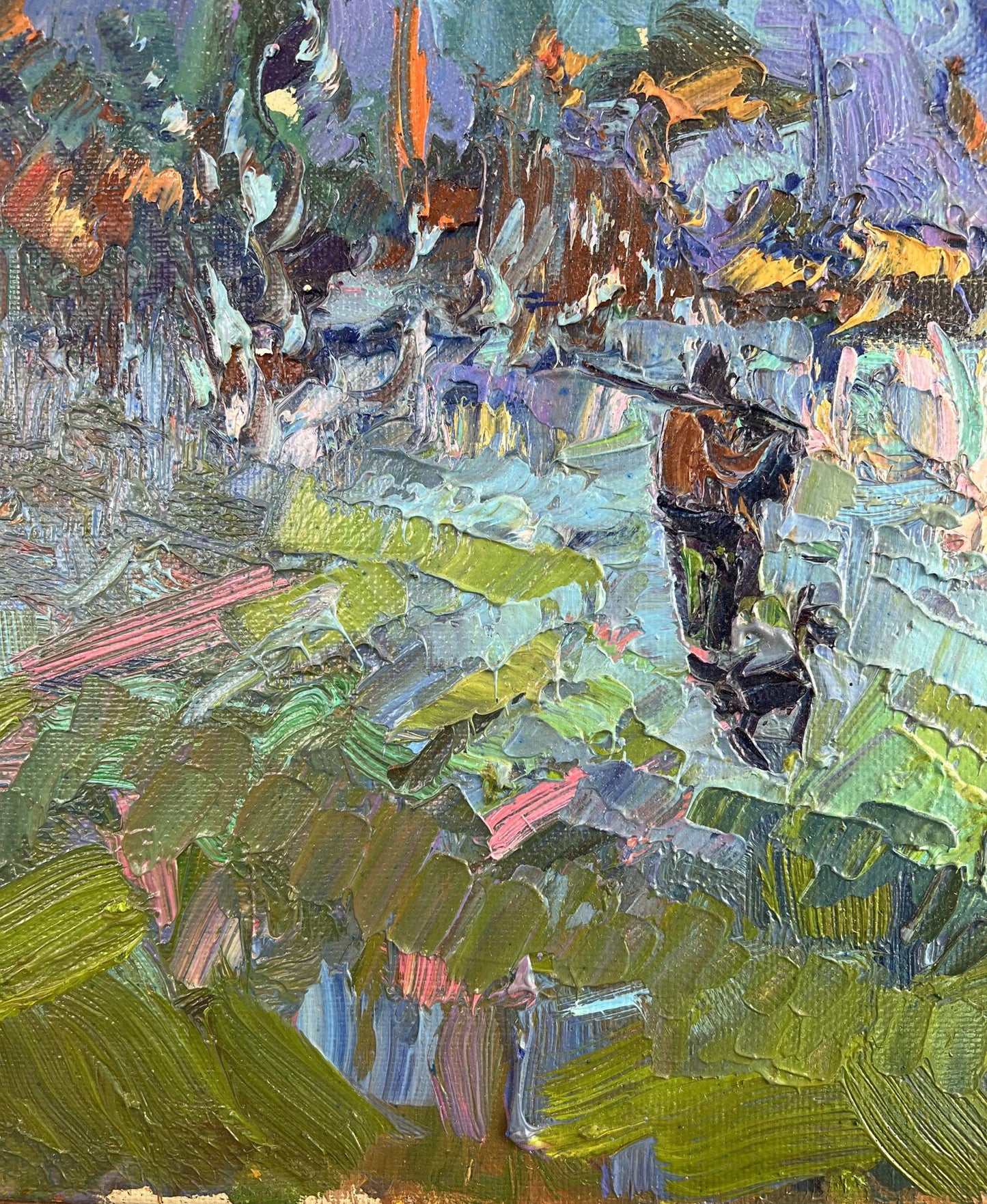 Vibrant Oleksiy Ivanyuk oil painting Silver of morning dew with rifle figure
