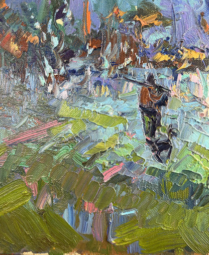 Vibrant Oleksiy Ivanyuk oil painting Silver of morning dew with rifle figure