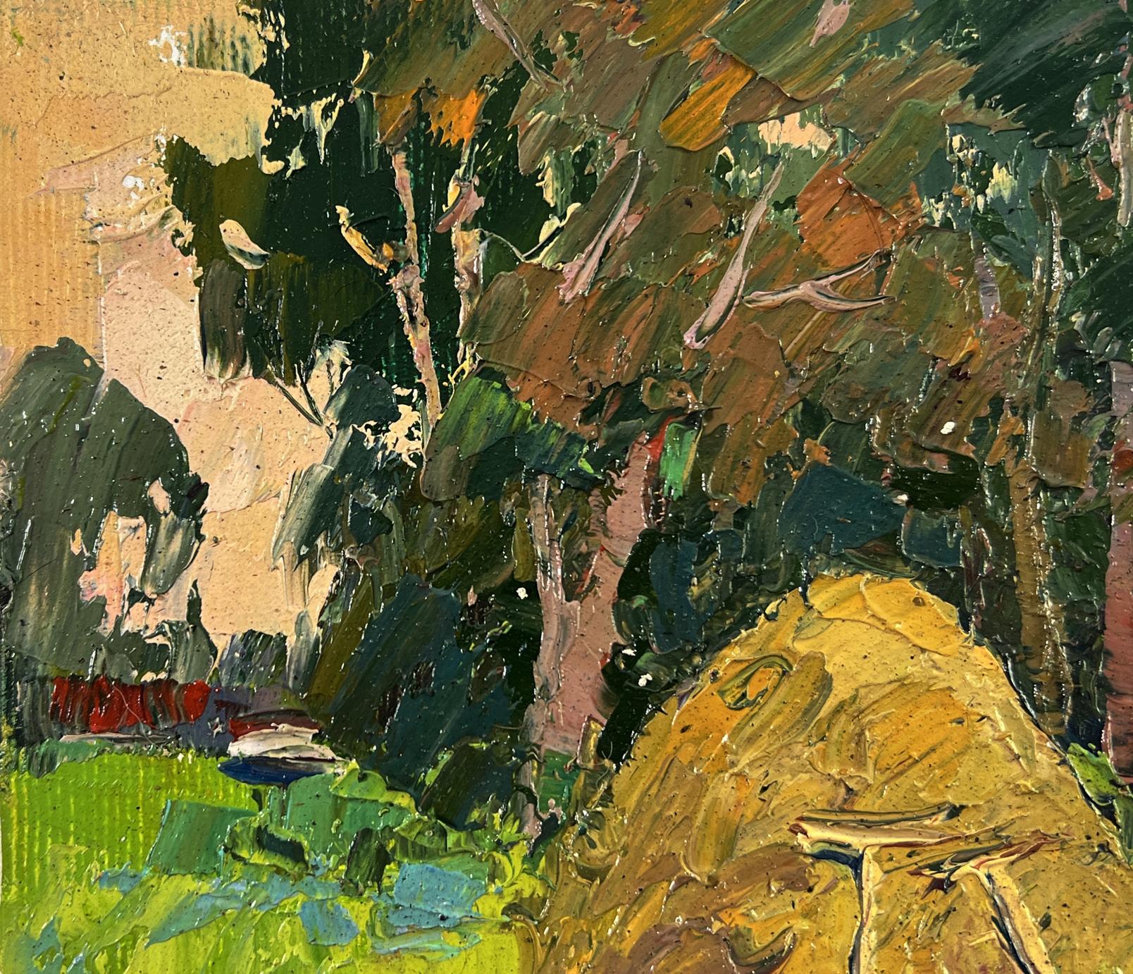 Impasto oil painting of haystack near forest by Oksana Ivanyuk