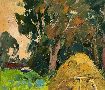 Impasto oil painting of haystack near forest by Oksana Ivanyuk
