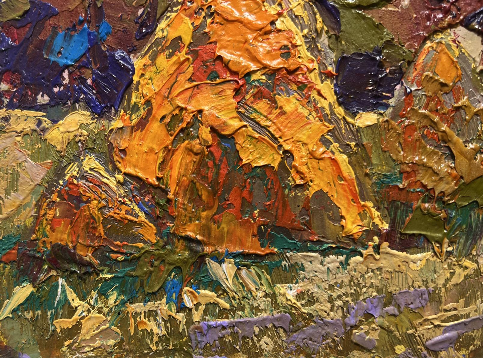 Vibrant oil painting Haystacks in the field by Oleksiy Ivanyuk with impasto strokes