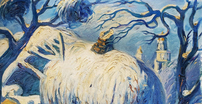Oil painting Winter in the village by Daniil Litvinov, impressionistic snowy haystack