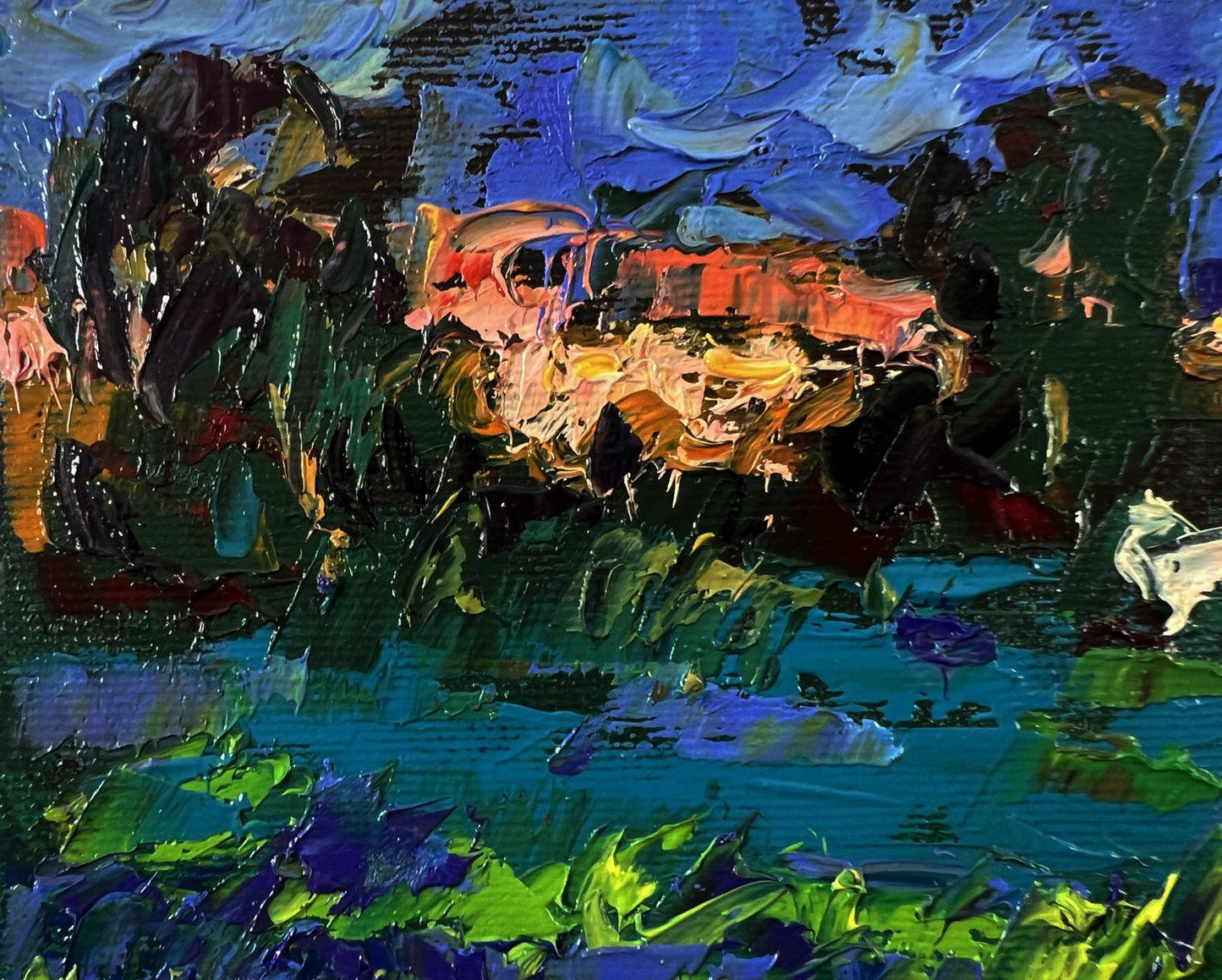 Vibrant Night Meadows oil painting by Oleksiy Ivanyuk with bold blues, greens, oranges