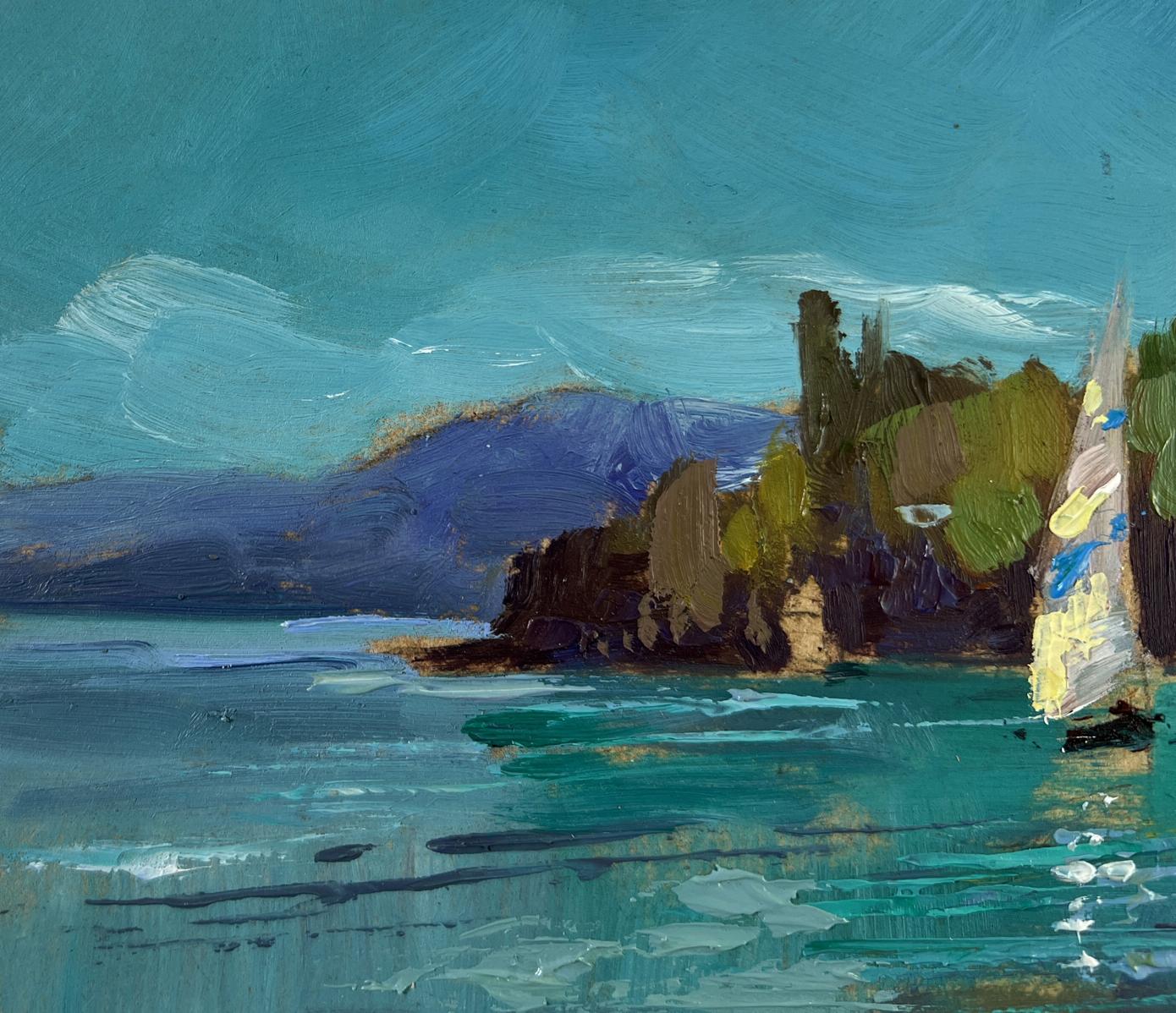 Vibrant teal blue oil painting by Yuriy Suprunchuk of sailboat at sea coastal landscape