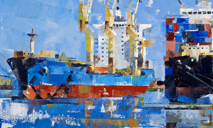 Vibrant abstract oil painting of cargo ship by Volodymyr Gluhomanyuk