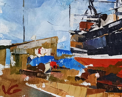 Oil painting Ship in port by Volodymyr Gluhomanyuk, abstract blues, browns, reds