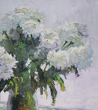 Oil painting Flowers on the window Boris Serdyuk: impressionist hydrangeas bouquet