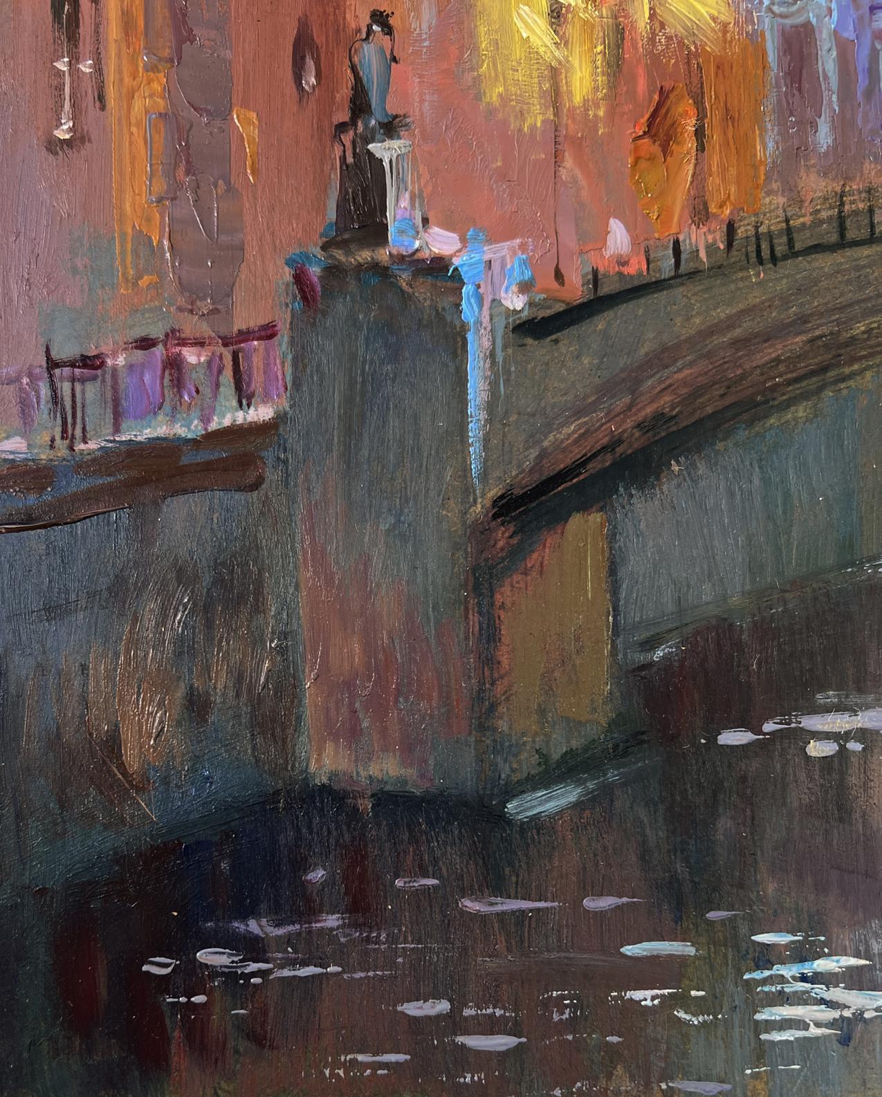 Oil painting of city streets at night bridge by Yuriy Suprunchuk