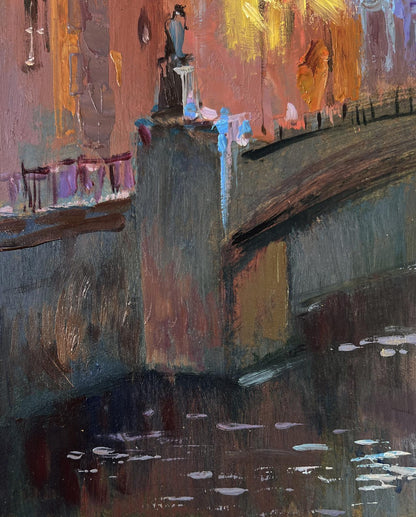 Oil painting of city streets at night bridge by Yuriy Suprunchuk