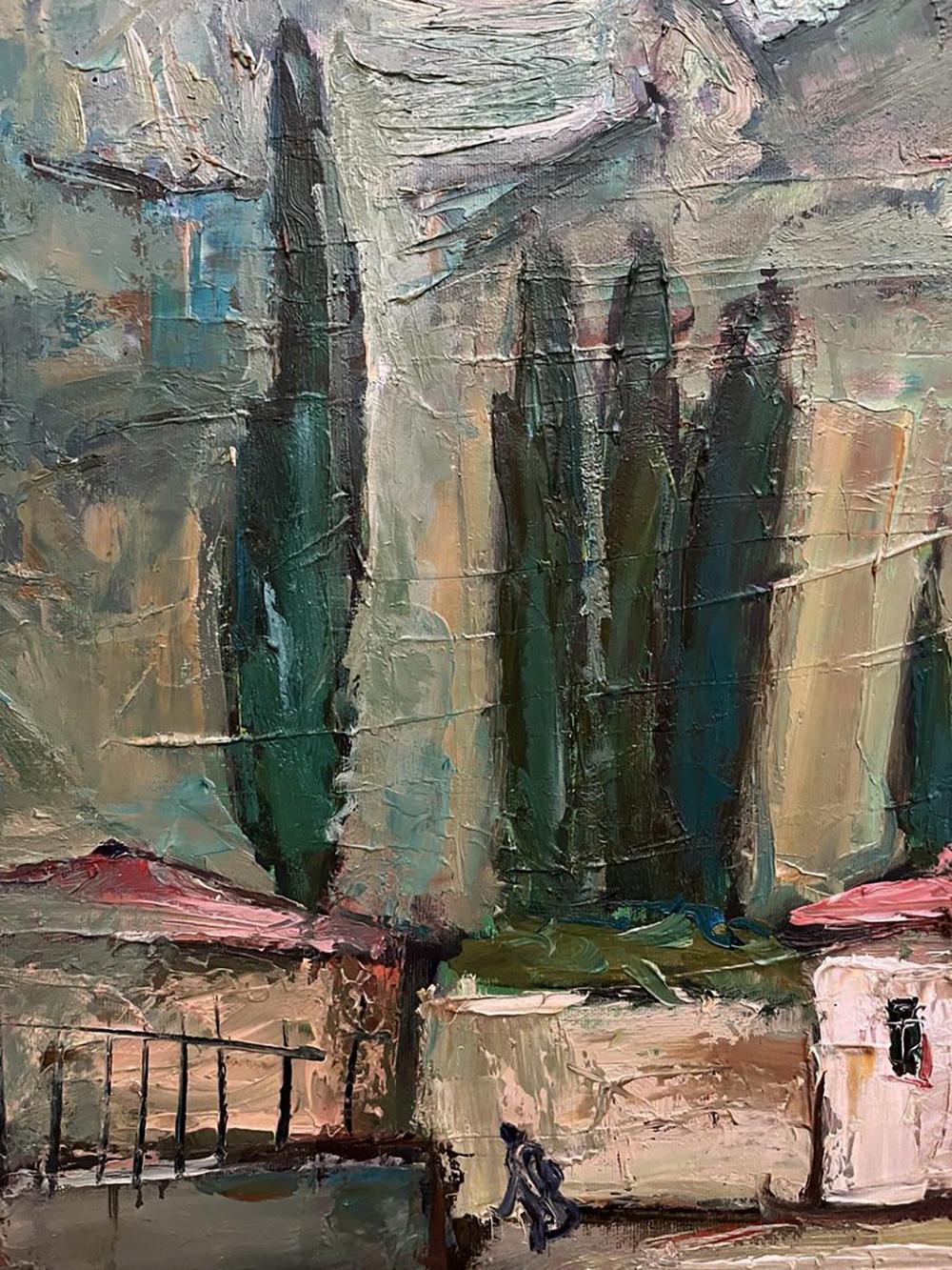 Impressionistic oil painting of tall green cypress trees in mountains by Oleksandr Andreev