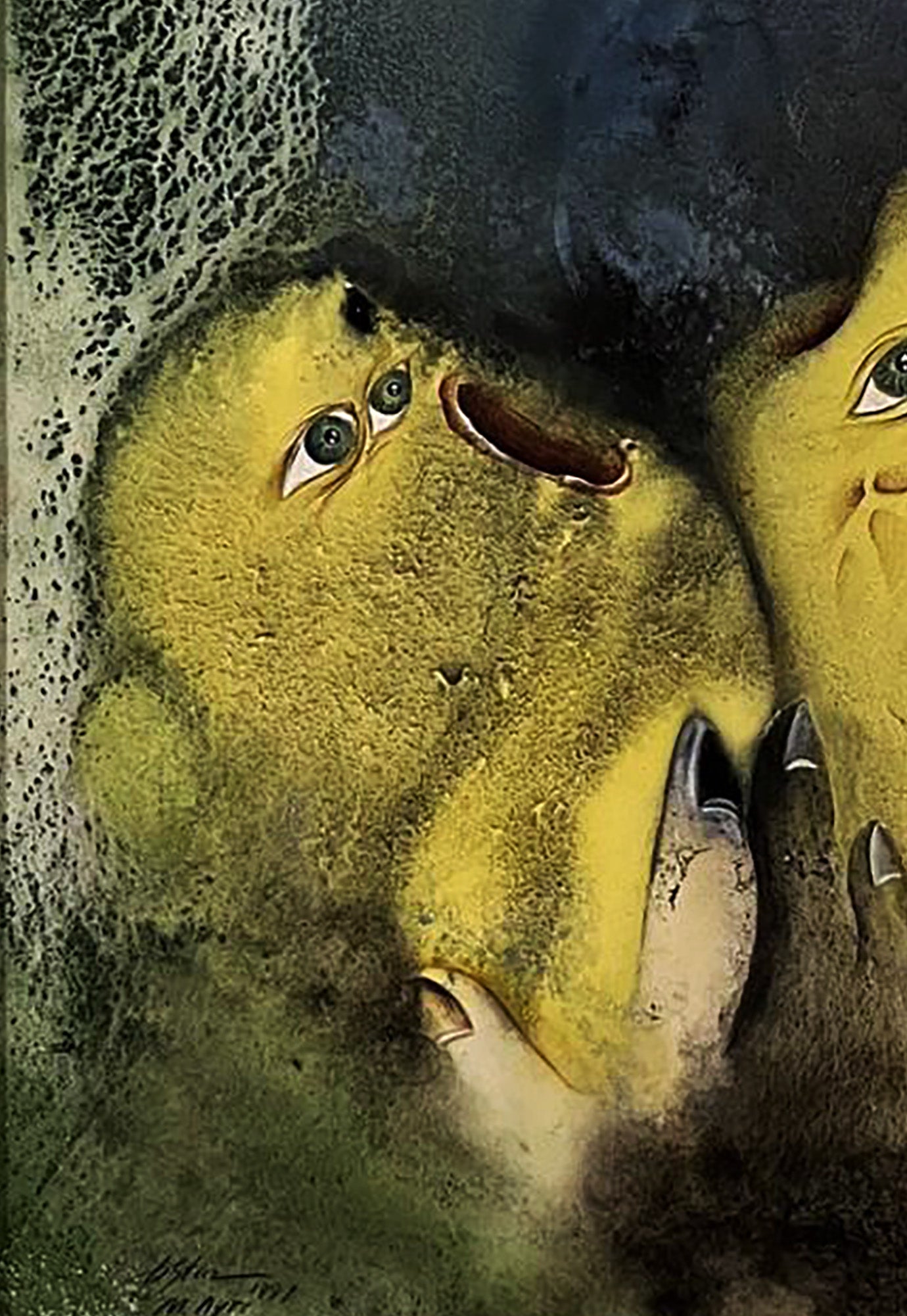 Textured yellowish-green abstract watercolor painting by Dmytro Startsev with eyes and claws