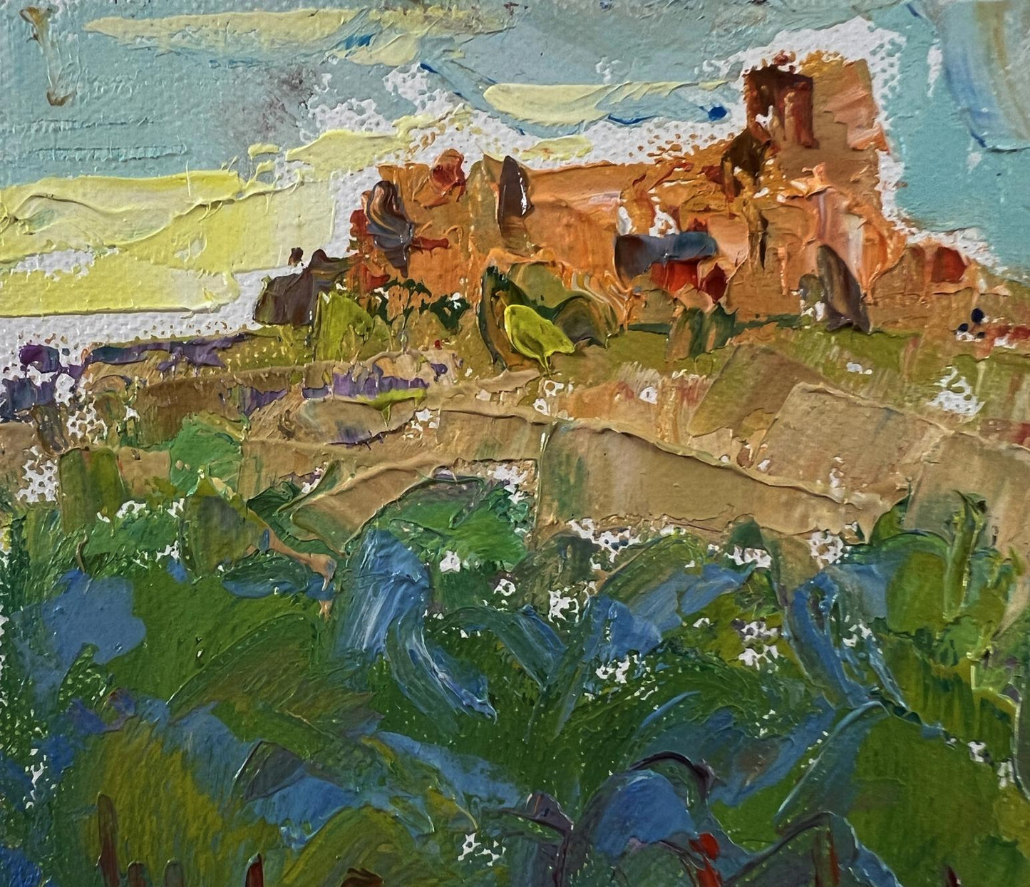 Impasto textured landscape oil painting by Oksana Ivanyuk with old house