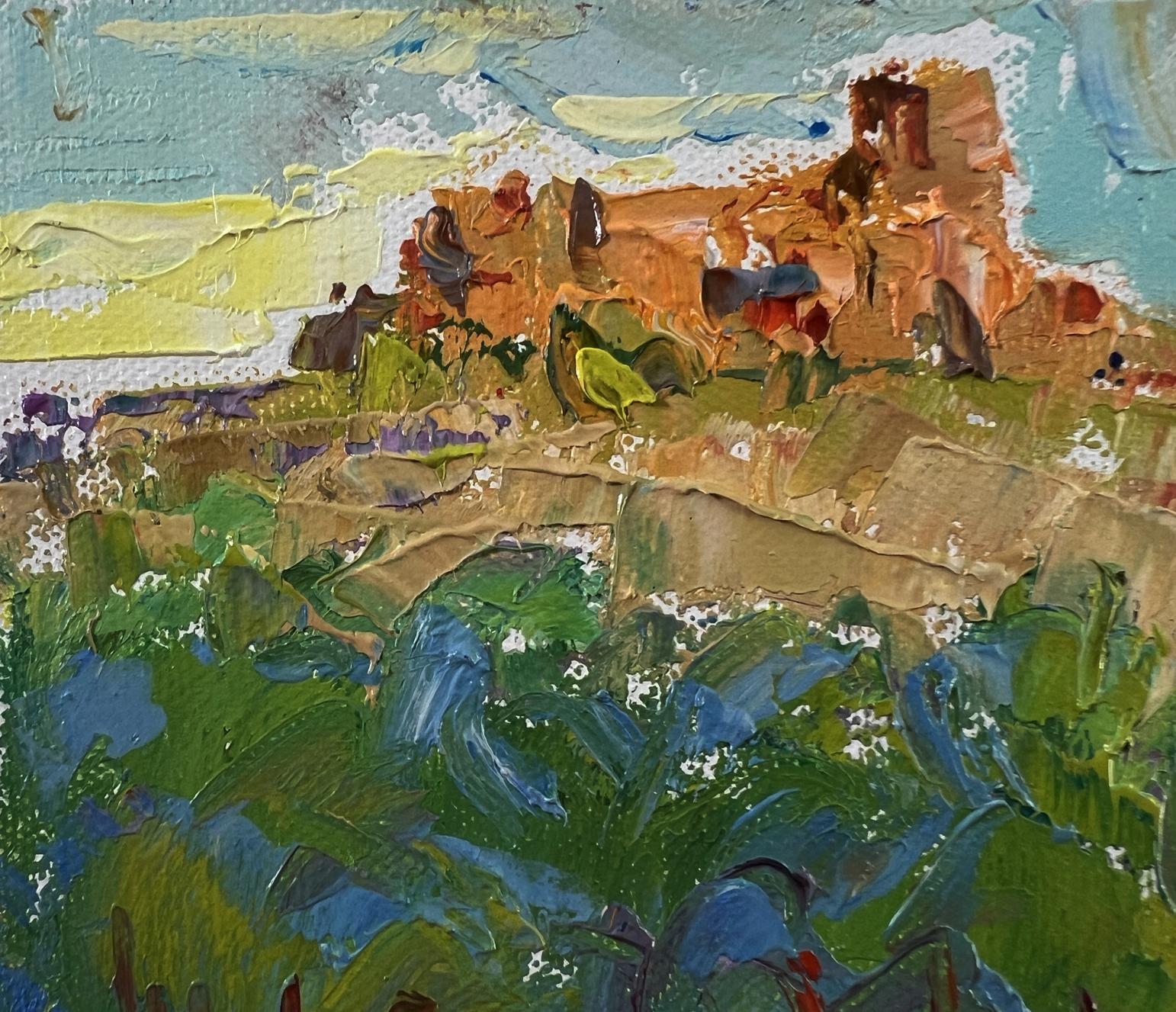 Impasto textured landscape oil painting by Oksana Ivanyuk with old house