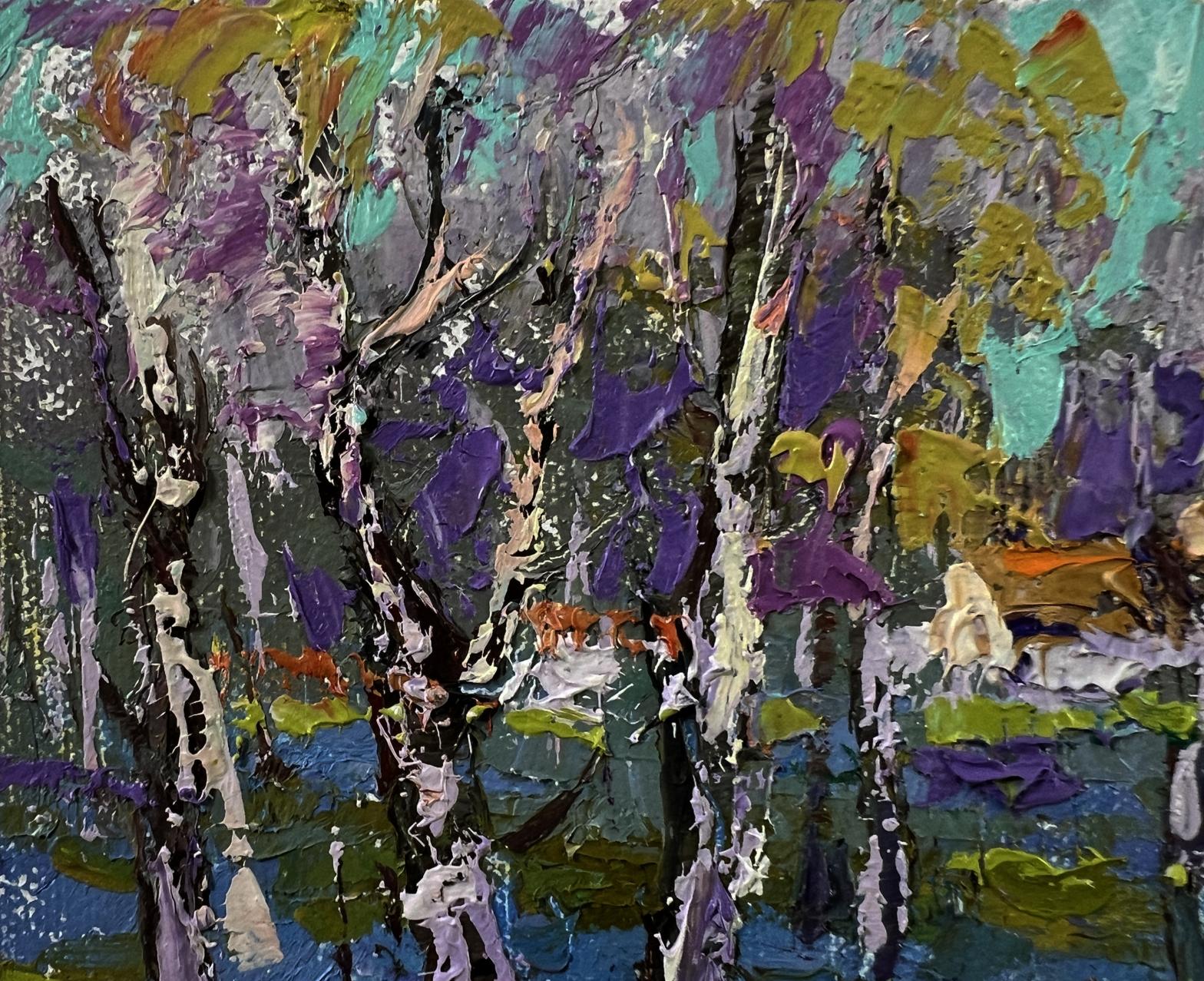 Vibrant impressionist oil painting of quiet rural birch forest by Oksana Ivanyuk