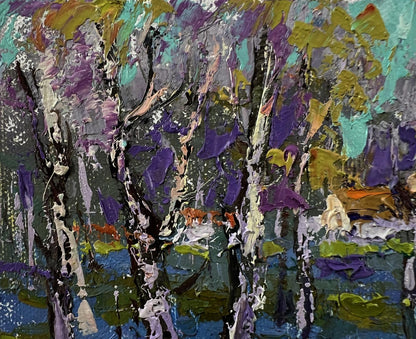 Vibrant impressionist oil painting of quiet rural birch forest by Oksana Ivanyuk