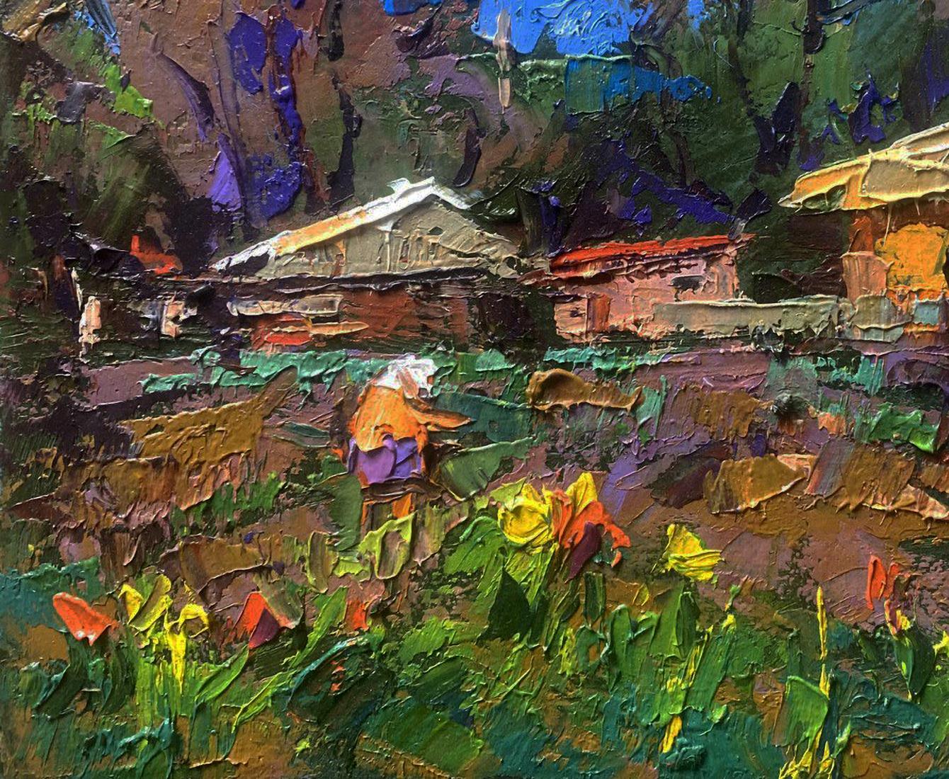 Vibrant impressionist oil painting by Oleksiy Ivanyuk of warm evening rays on old porch