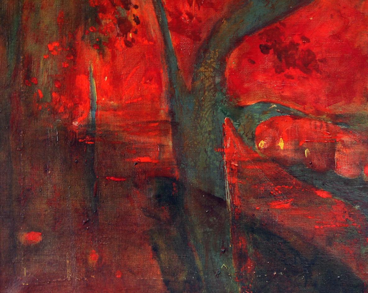 Oil painting Good evening Ed Potapenkov textured tree on red green abstract canvas