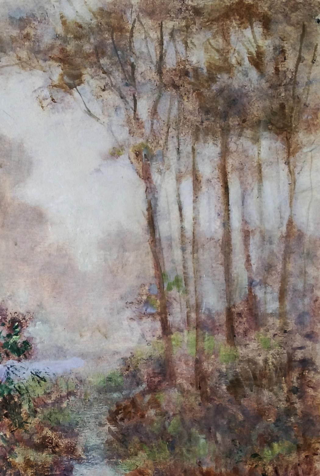 Oil painting of trees whispering through white silence by Vitaly Duhnevich