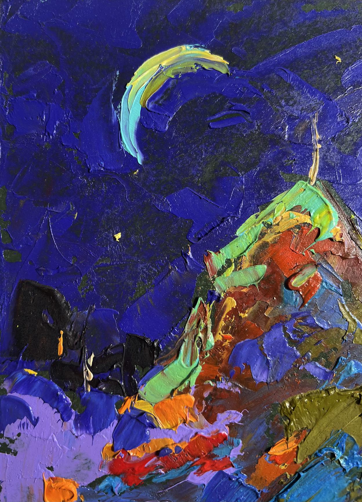 Oil painting Moonlit Night in the Field by Oleksiy Ivanyuk, vibrant teal moon