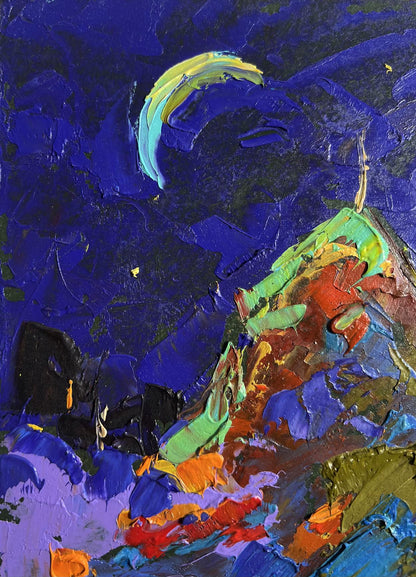 Oil painting Moonlit Night in the Field by Oleksiy Ivanyuk, vibrant teal moon