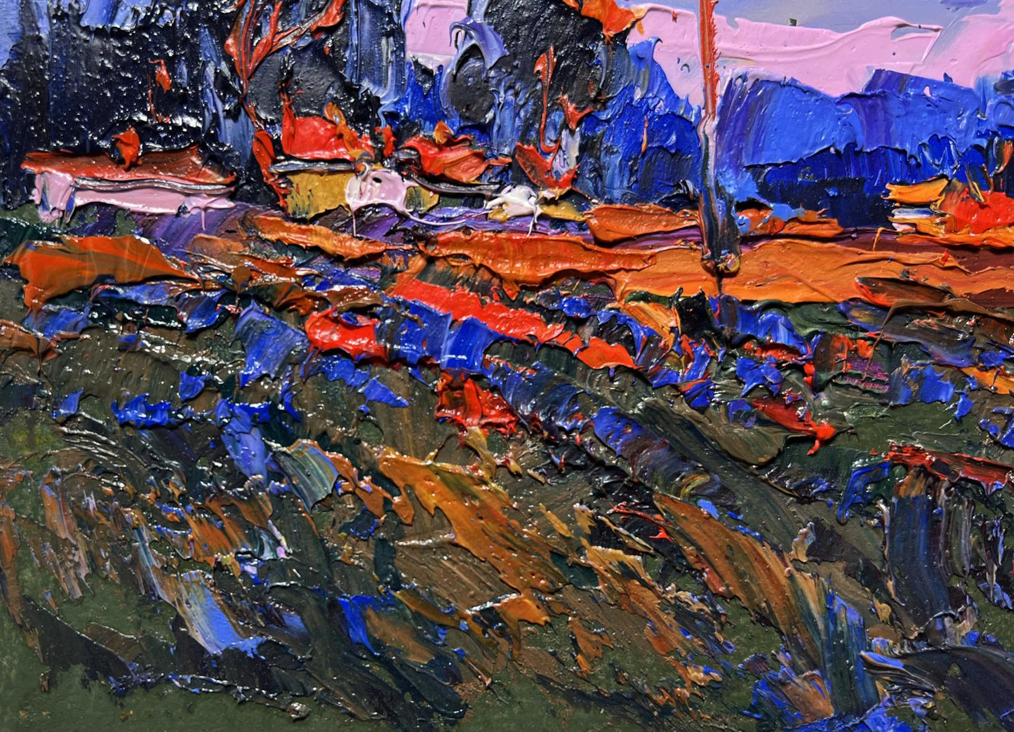 Vibrant impressionist oil painting of pink sunset by Oksana Ivanyuk