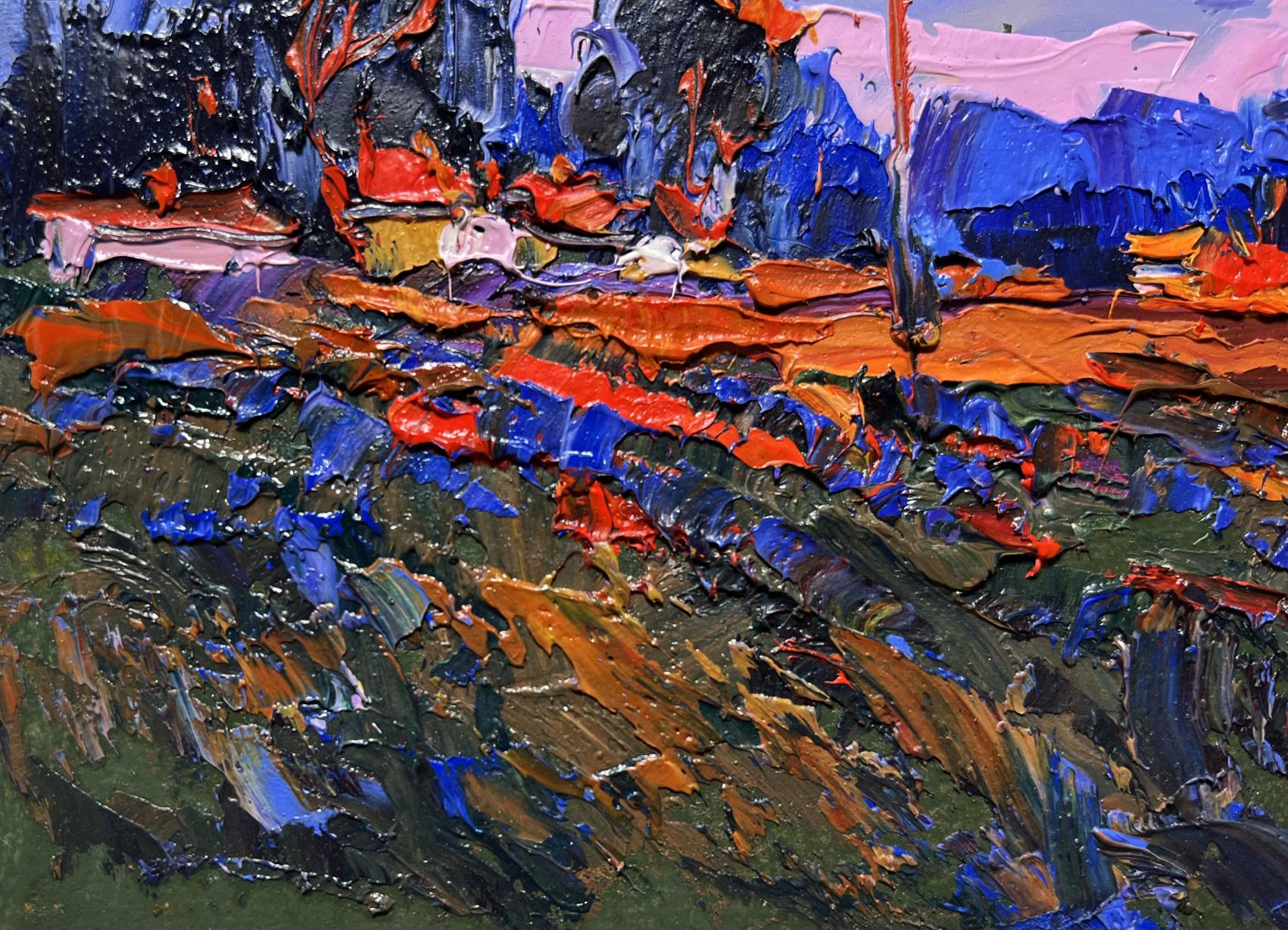 Vibrant impressionist oil painting of pink sunset by Oksana Ivanyuk
