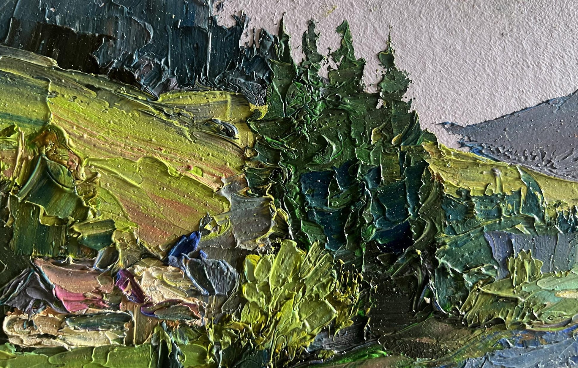 Oil painting of houses in mountains by Boris Serdyuk, vibrant textured landscape