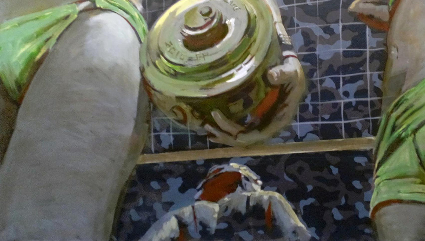Shiny gold trophy held by two figures in green, Ed Potapenkov oil painting