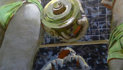 Shiny gold trophy held by two figures in green, Ed Potapenkov oil painting