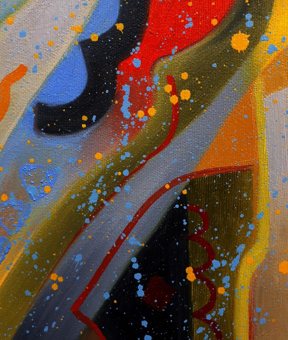 Vibrant oil painting South side bird by Sergiy Voichenko with bold red blue gold splashes