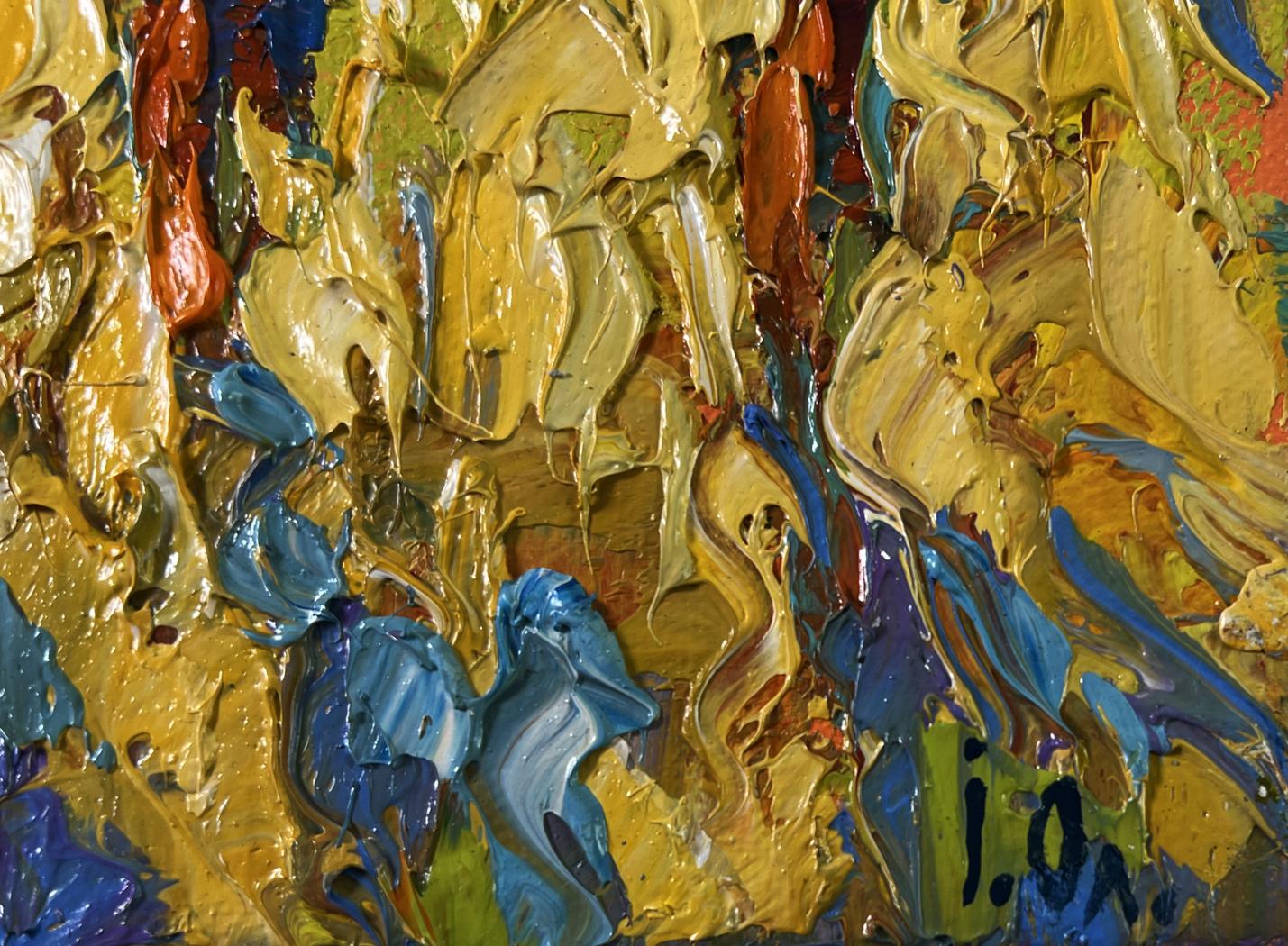 Vibrant impasto oil painting Spring Silence by Oleksiy Ivanyuk in golden yellow and deep blue