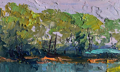 Textured impressionist Oil painting On the golden shore by Boris Serdyuk, green foliage, lavender sky