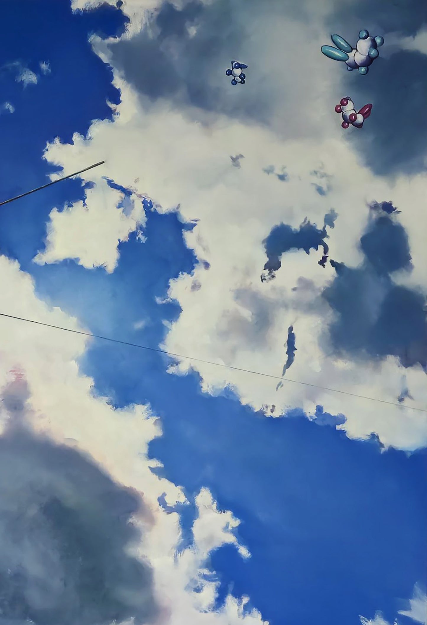 Oil painting Equilibrium equation by Igor Konovalov: blue sky with fluffy clouds and flying creatures