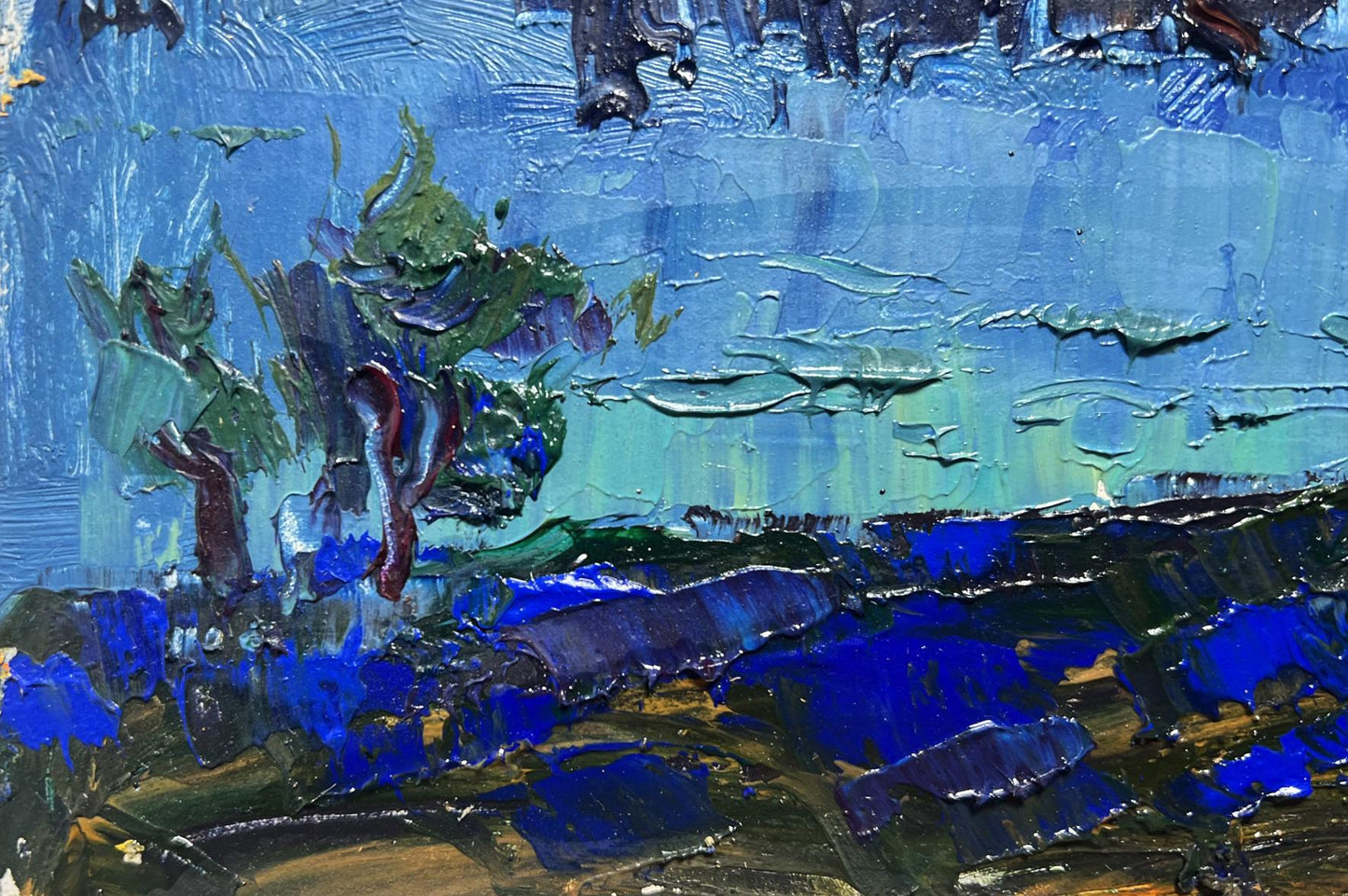 Oil painting Moon over the river by Oksana Ivanyuk with blue green trees