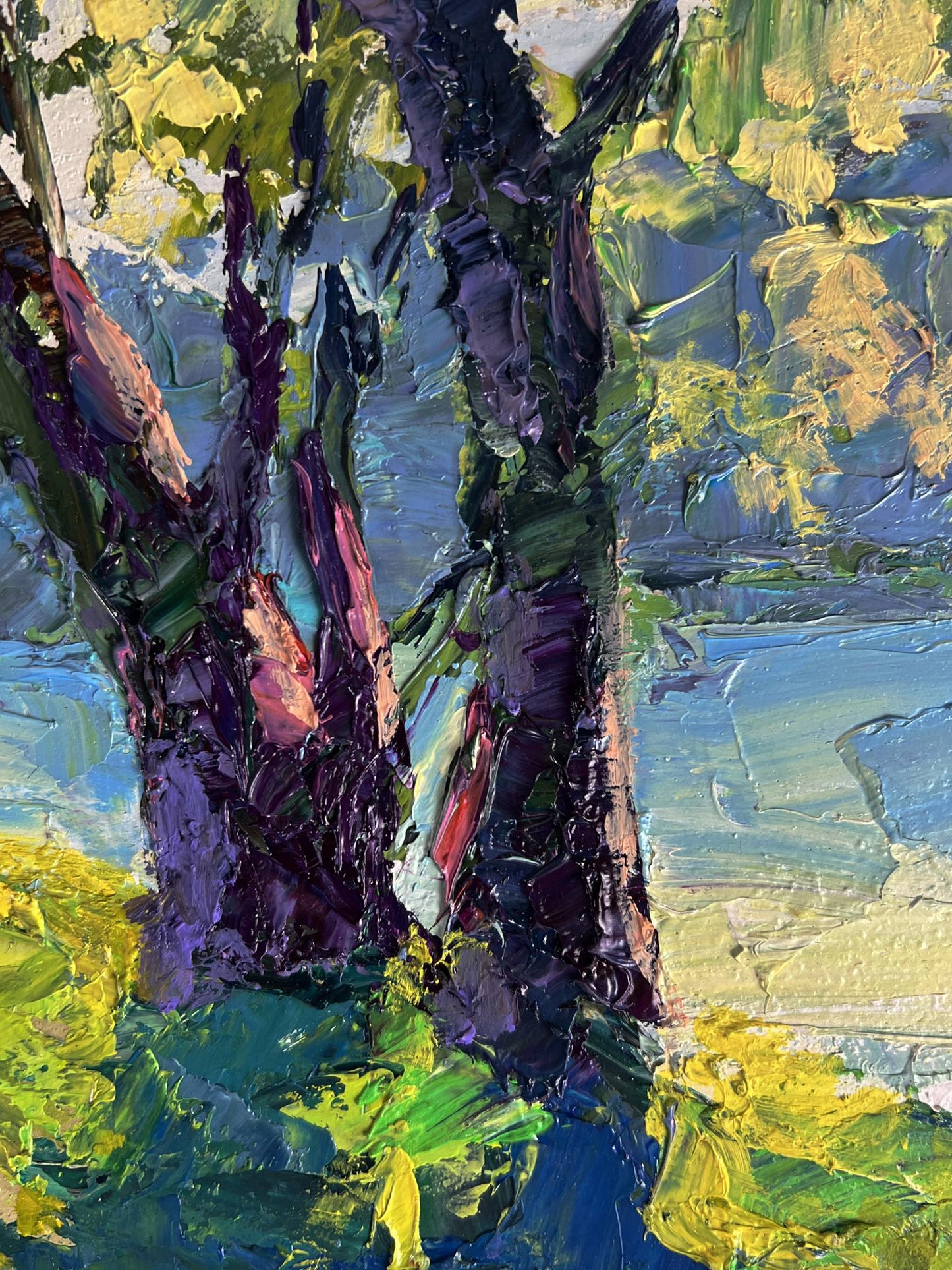 Impressionistic oil painting by Boris Serdyuk: textured purple green tree trunks on yellow blue river background