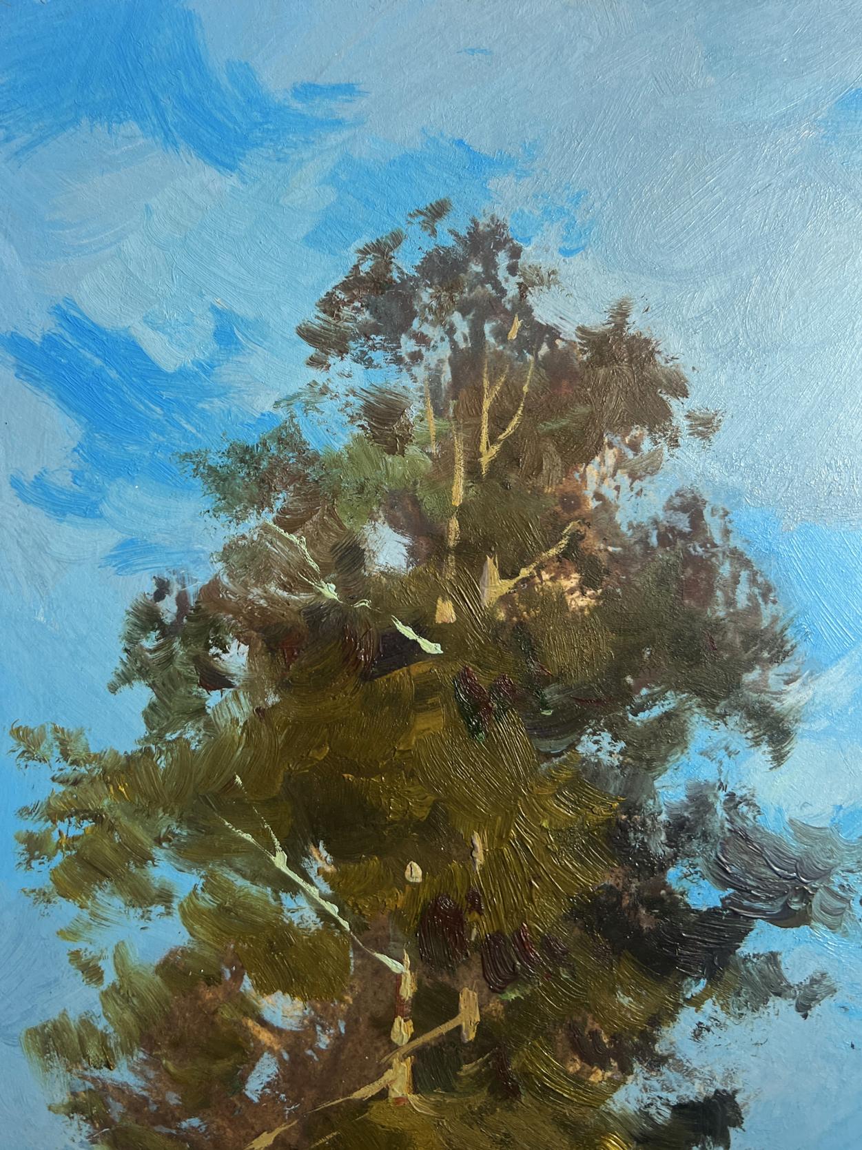Oil painting Admire the summer forest by Yuriy Suprunchuk tall tree foliage blue sky