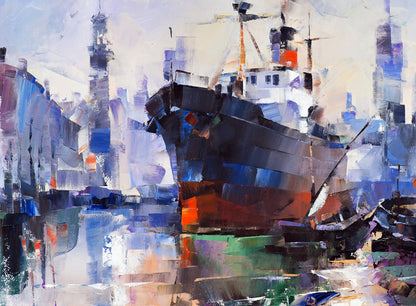 Oil painting New Contours by Volodymyr Gluhomanyuk: bold abstract cargo ship