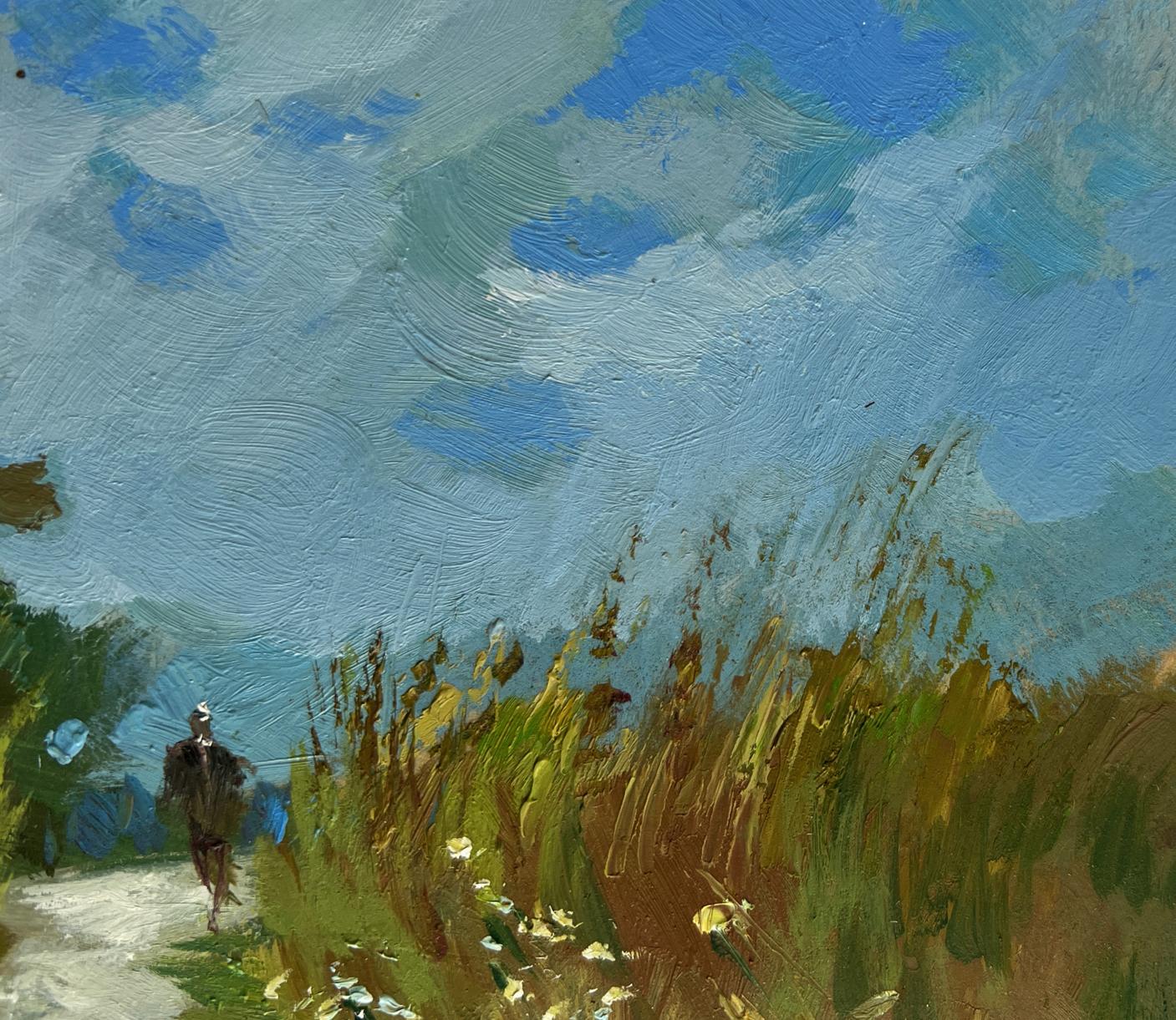 Oil painting by Yuriy Suprunchuk: solitary figure walks through golden grass under swirling sky