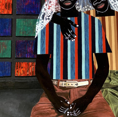 Acrylic painting Under one Blanket by Akintomide Akinshola, striped shirt figure